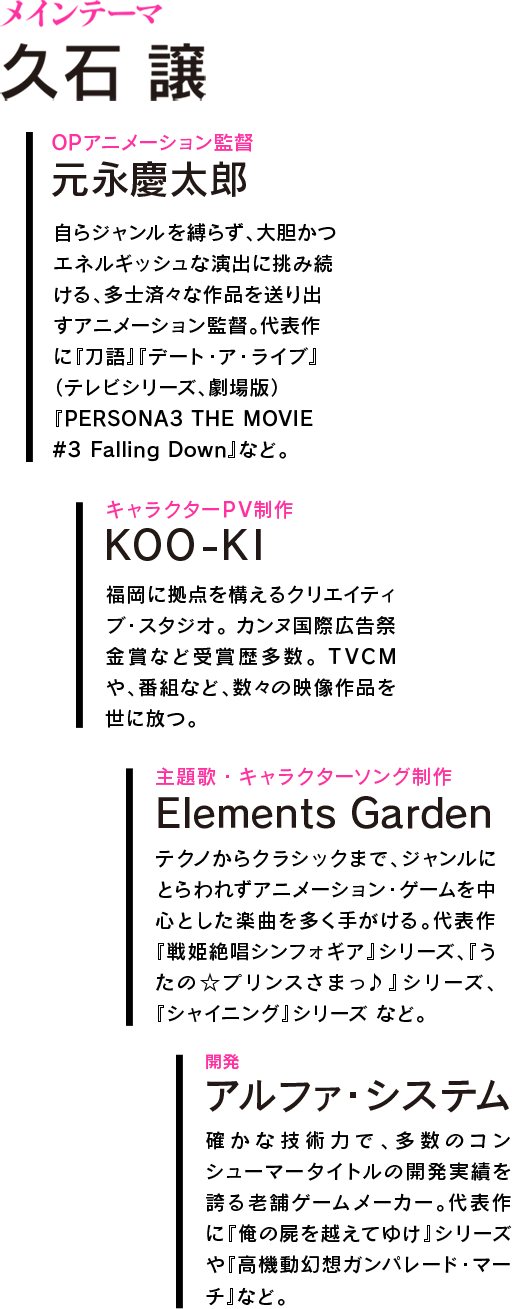 メインテーマ 久石譲、OPアニメーション監督 元永慶太郎、キャラクターPV制作 KOO-KI、主題歌・キャラクターソング制作 Elements Garden、開発 アルファ・システム